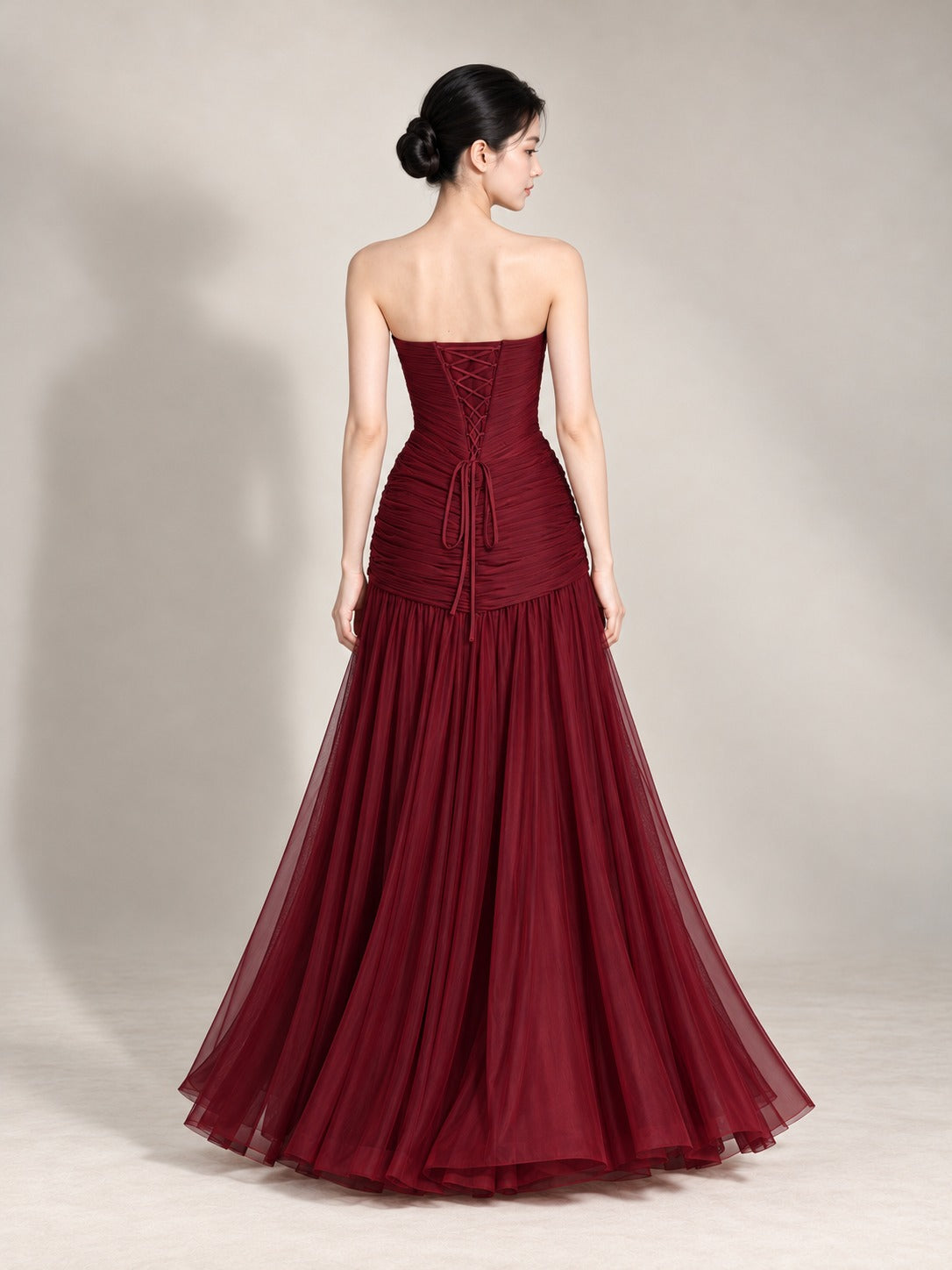 Wine Red Pleated Mesh Dress in Wine Red, back view