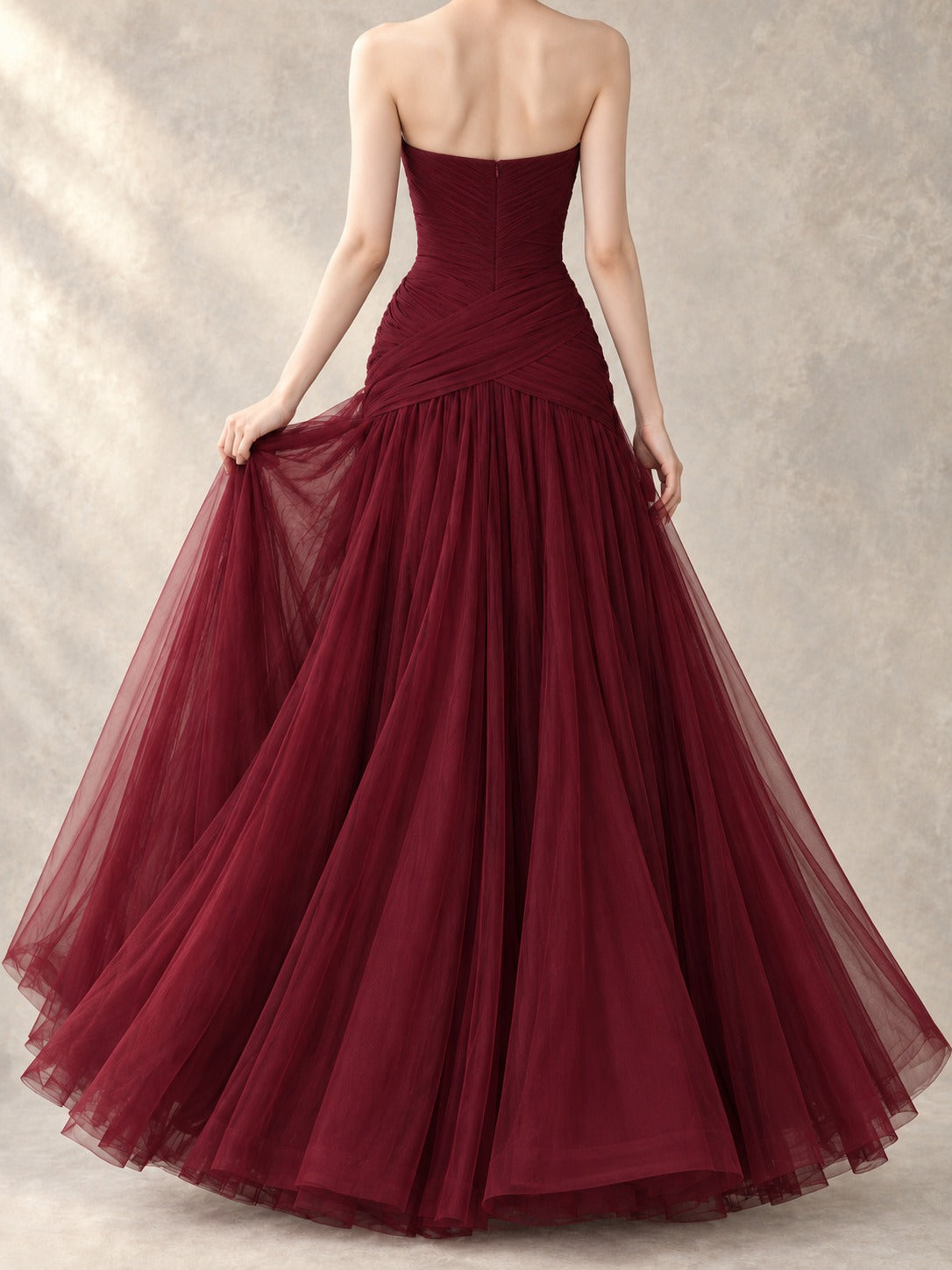 Wine Red Pleated Mesh Dress in Wine Red, back view