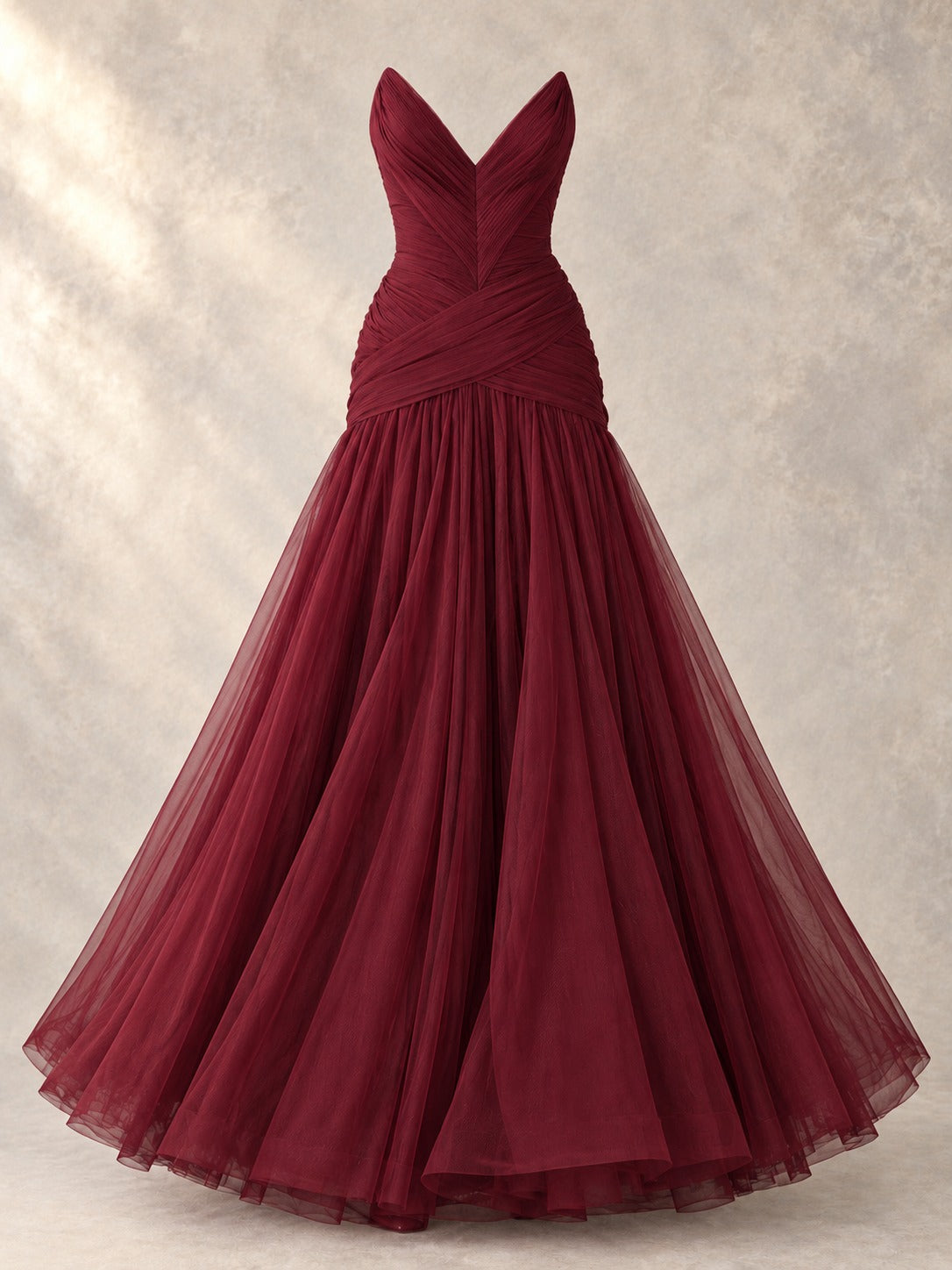 Wine Red Pleated Mesh Dress in Wine Red, product only
