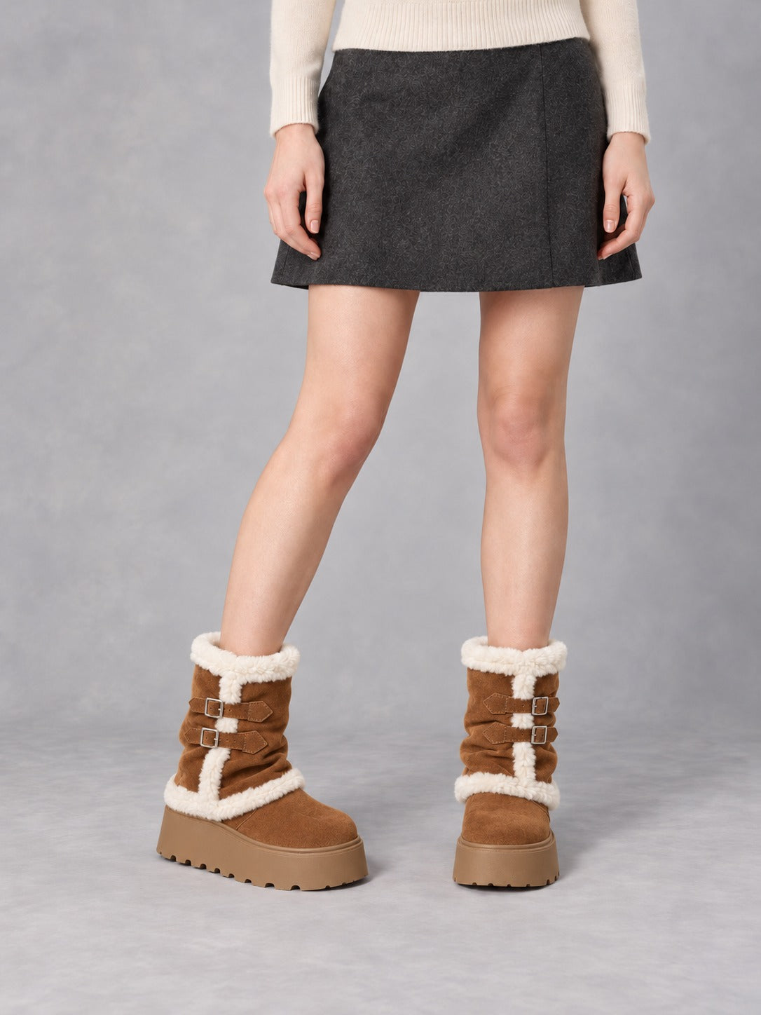 Fold-Over Platform Snow Boots in Brown, styled on model