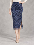 Plaid Midi Pencil Skirt in Blue, styled on model