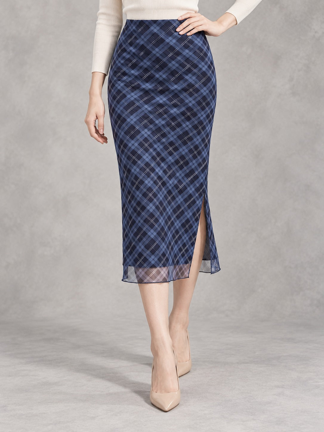 Plaid Midi Pencil Skirt in Blue, styled on model