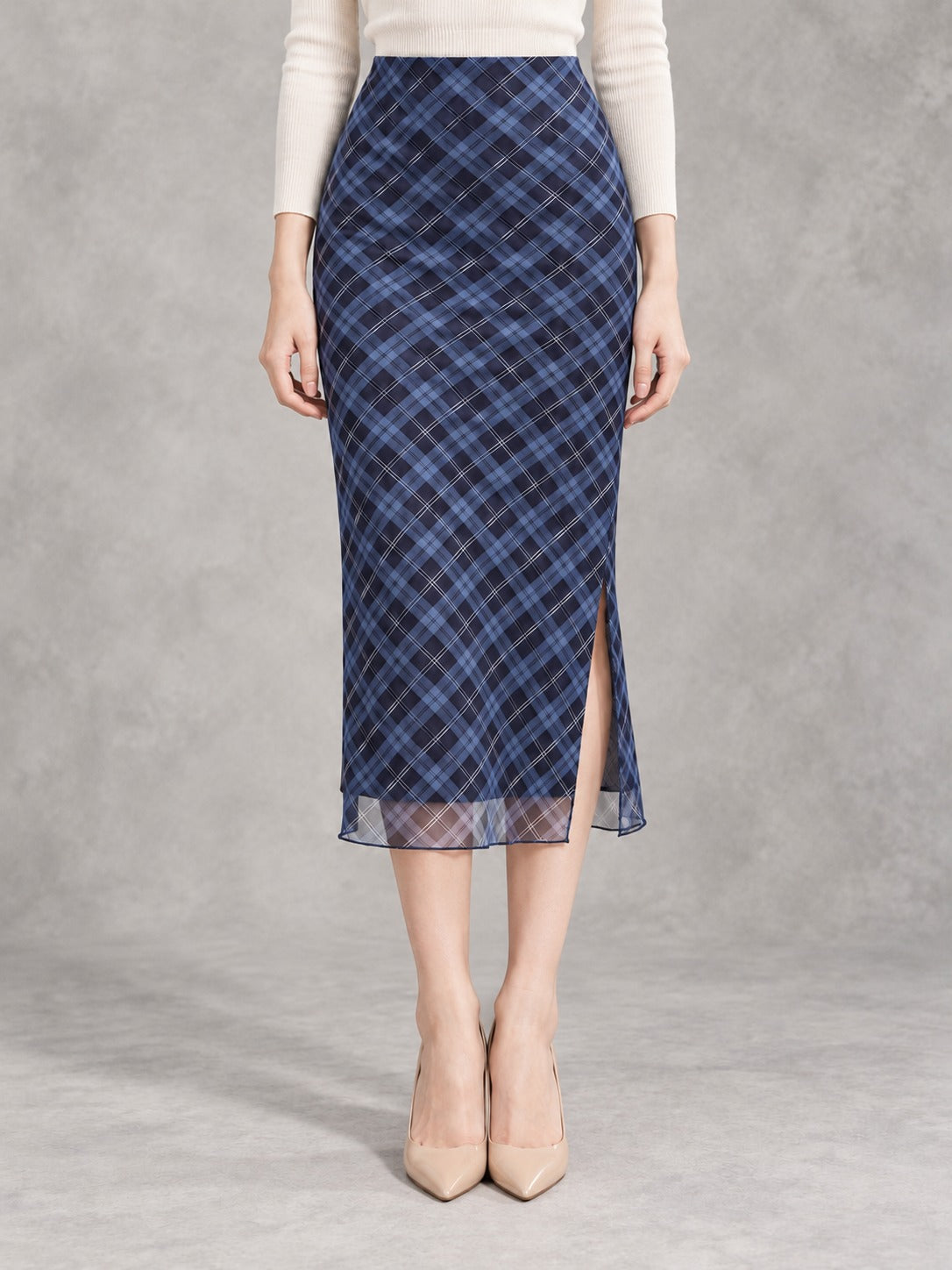 Plaid Midi Pencil Skirt in Blue, front view