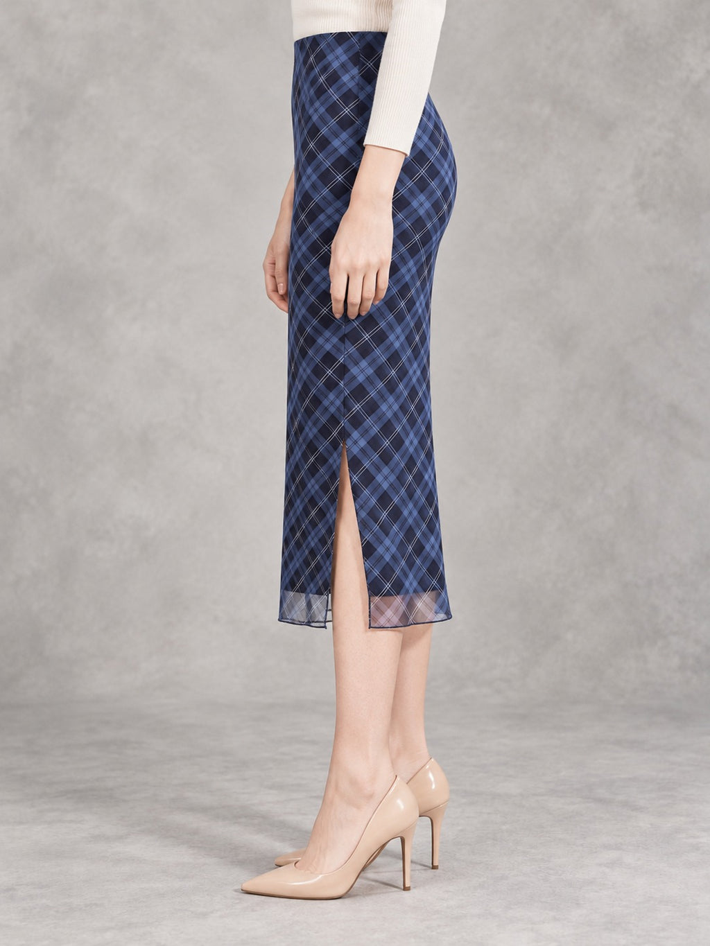 Plaid Midi Pencil Skirt in Blue, side view
