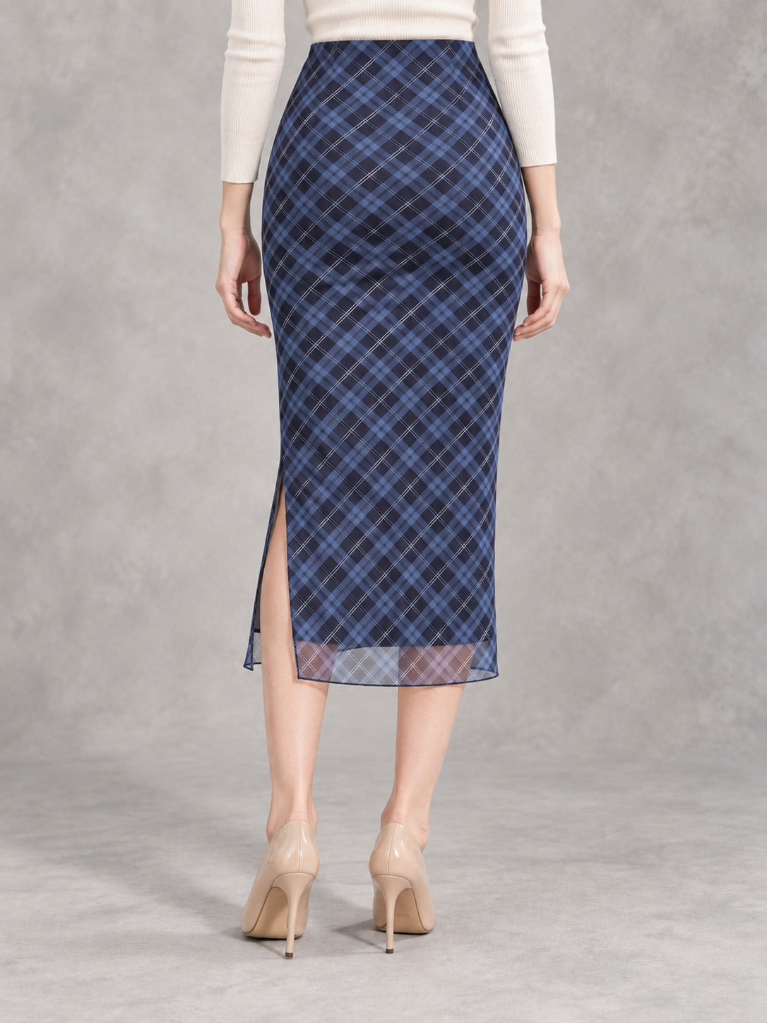 Plaid Midi Pencil Skirt in Blue, back view