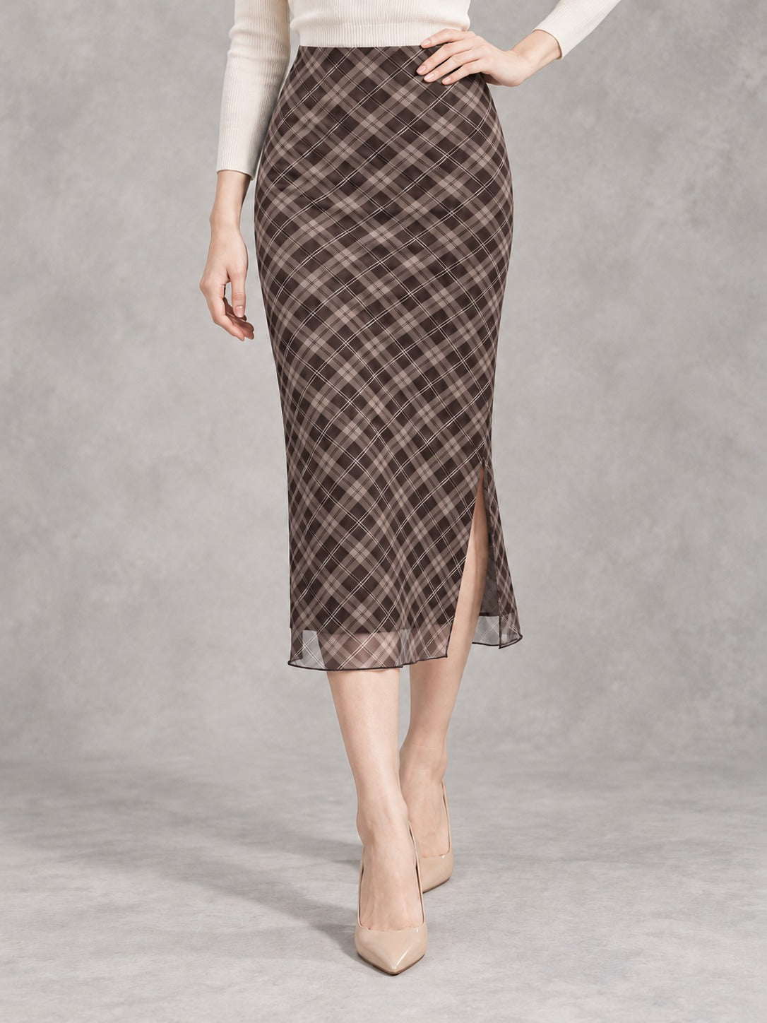 Plaid Midi Pencil Skirt in Brown, styled on model