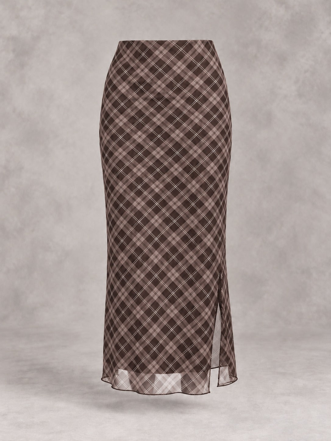Plaid Midi Pencil Skirt in Brown, product only