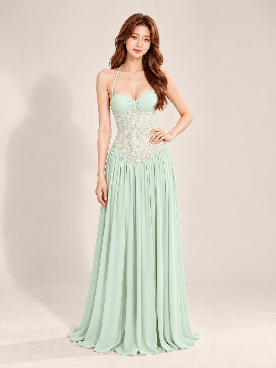 Lace Bodice Halter Gown in Green, front view