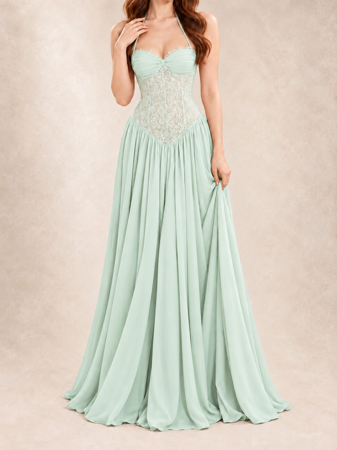 Lace Bodice Halter Gown in Green, front view