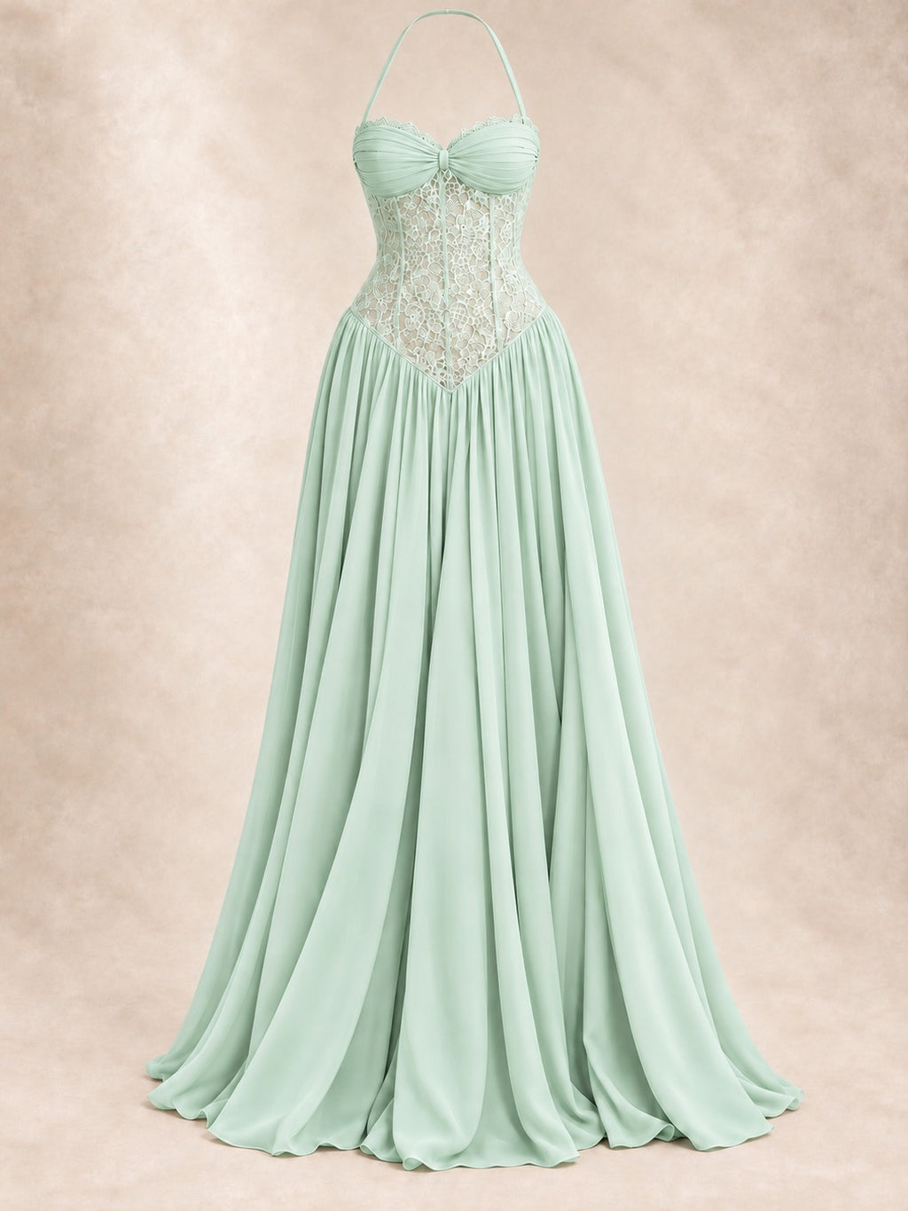 Lace Bodice Halter Gown in Green, product only