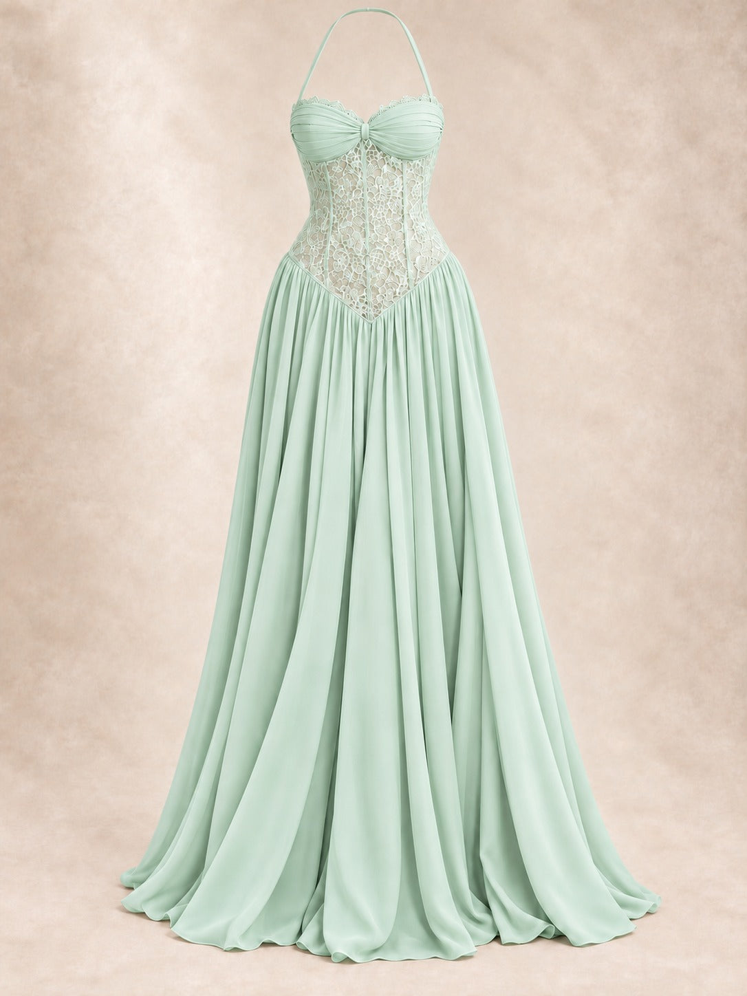 Lace Bodice Halter Gown in Green, product only