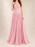 Lace Bodice Halter Gown in Pink, front view
