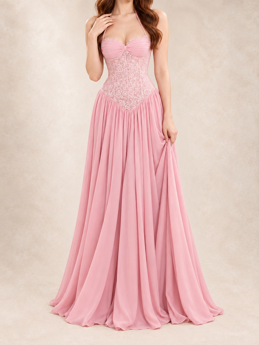 Lace Bodice Halter Gown in Pink, front view