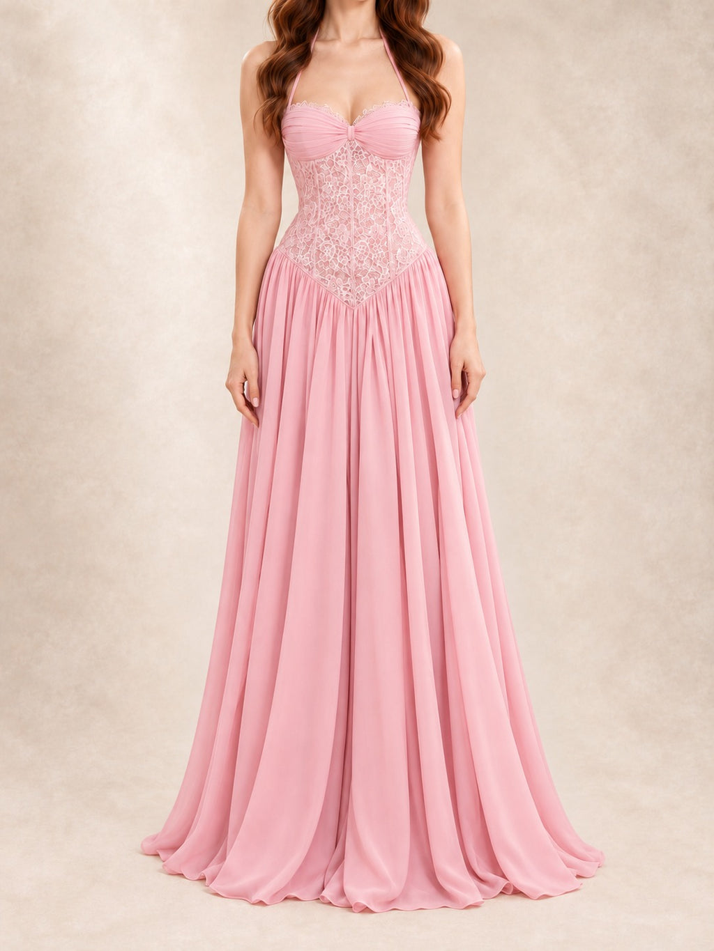 Lace Bodice Halter Gown in Pink, full-length front view