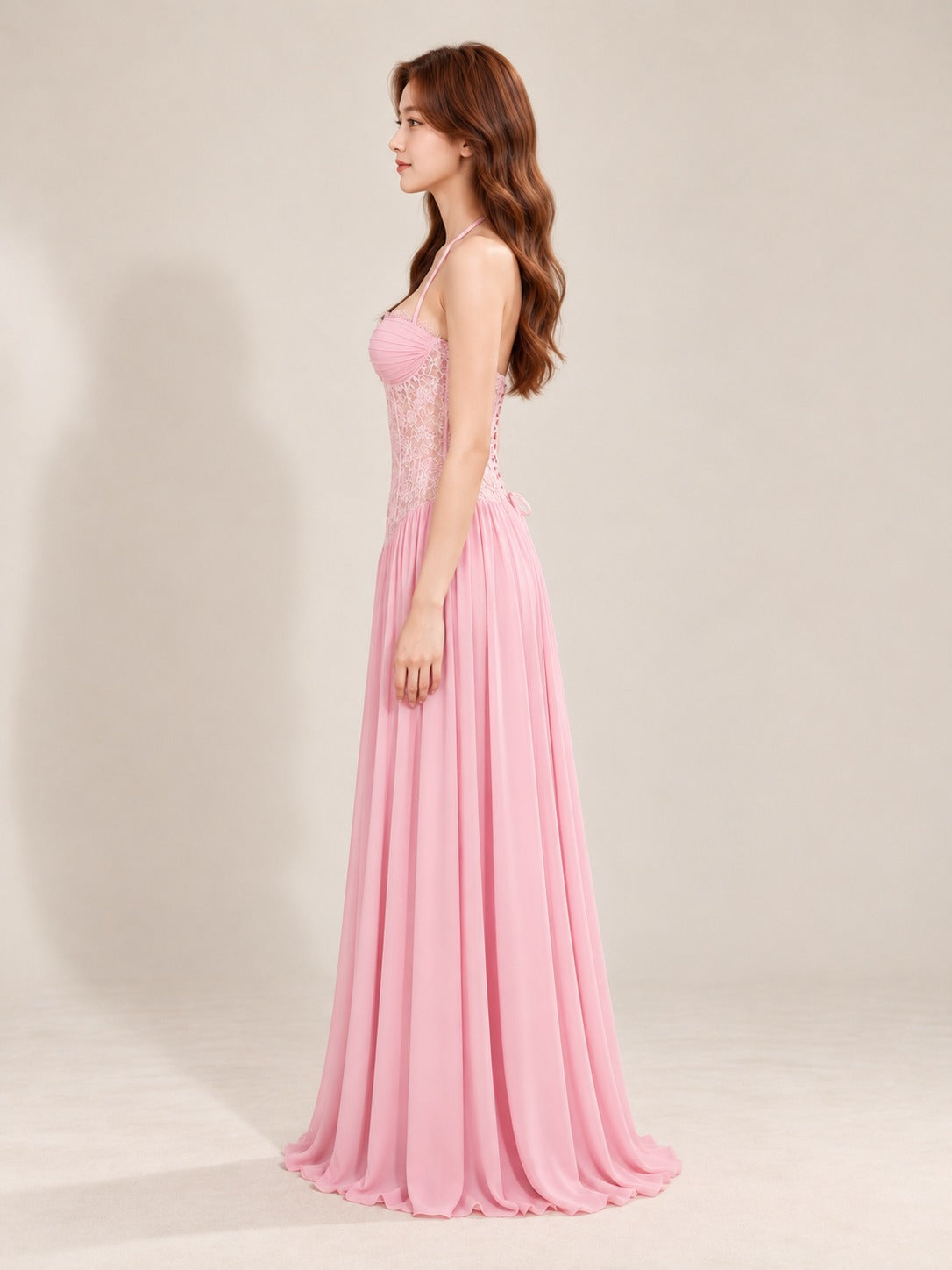 Lace Bodice Halter Gown in Pink, side view