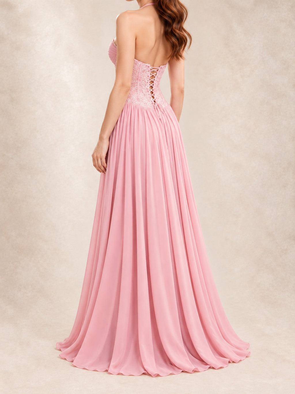 Lace Bodice Halter Gown in Pink, side view