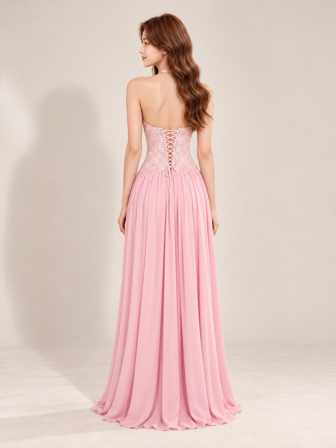 Lace Bodice Halter Gown in Pink, back view