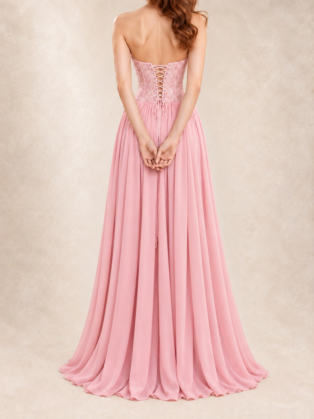 Lace Bodice Halter Gown in Pink, back view