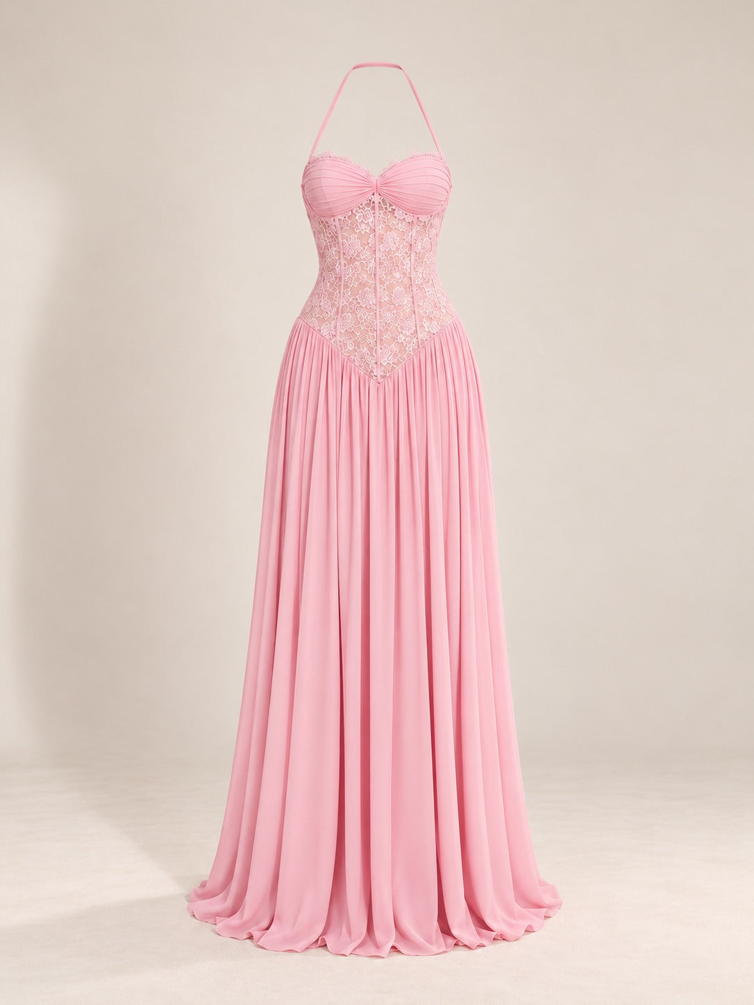 Lace Bodice Halter Gown in Pink, product only