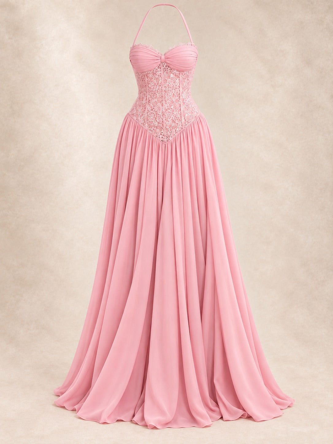 Lace Bodice Halter Gown in Pink, product only