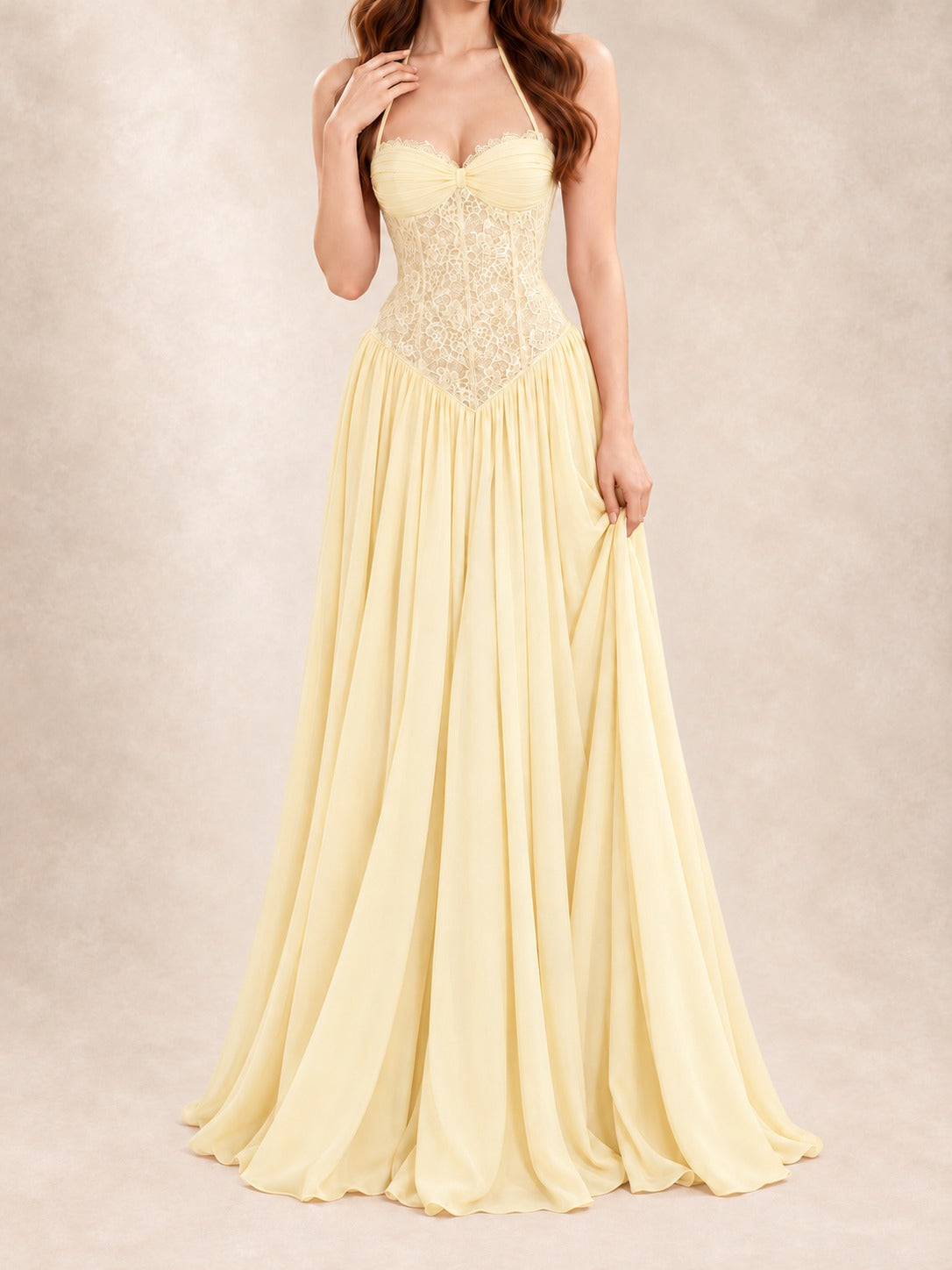 Lace Bodice Halter Gown in Yellow, front view