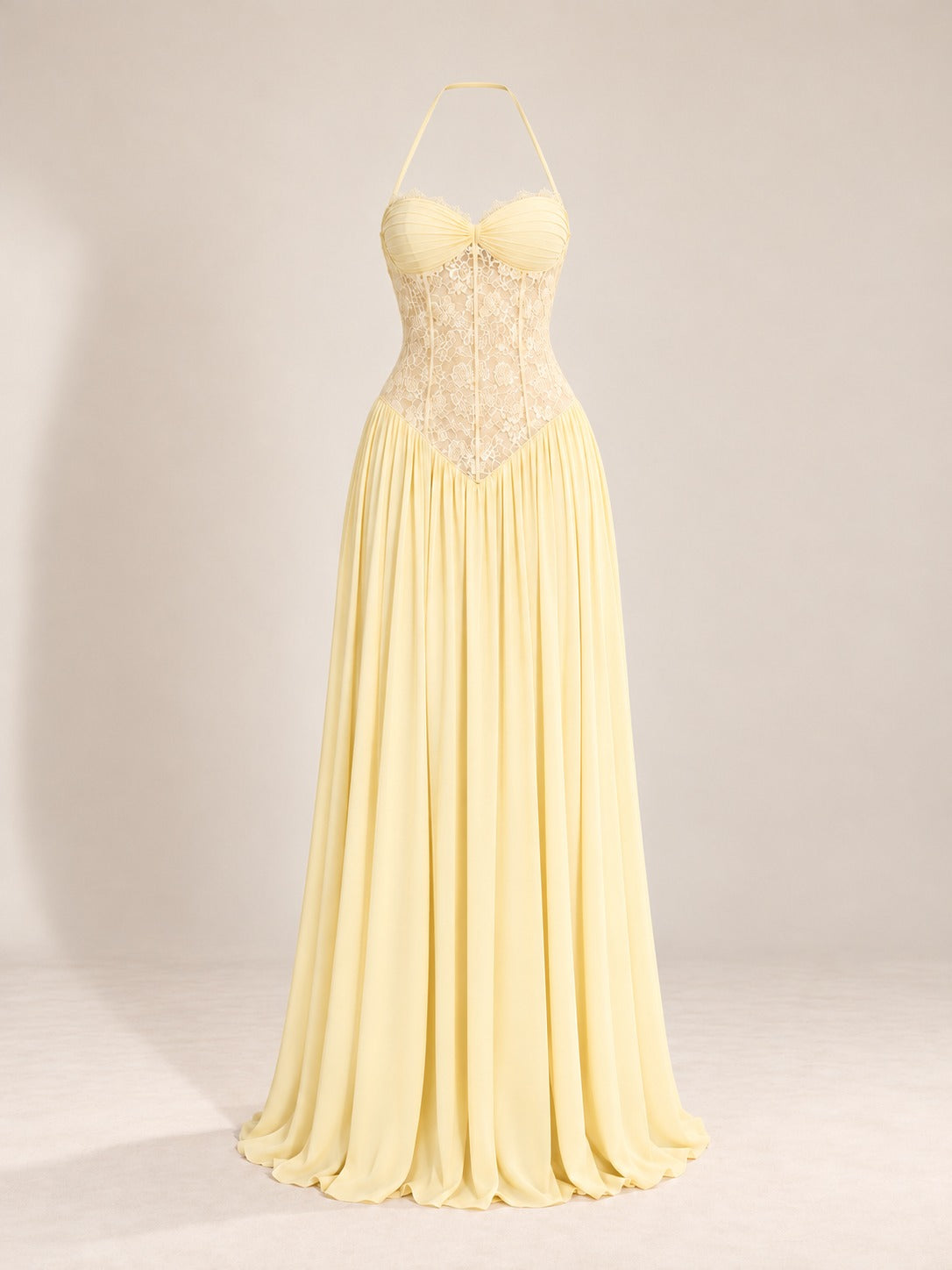 Lace Bodice Halter Gown in Yellow, product only