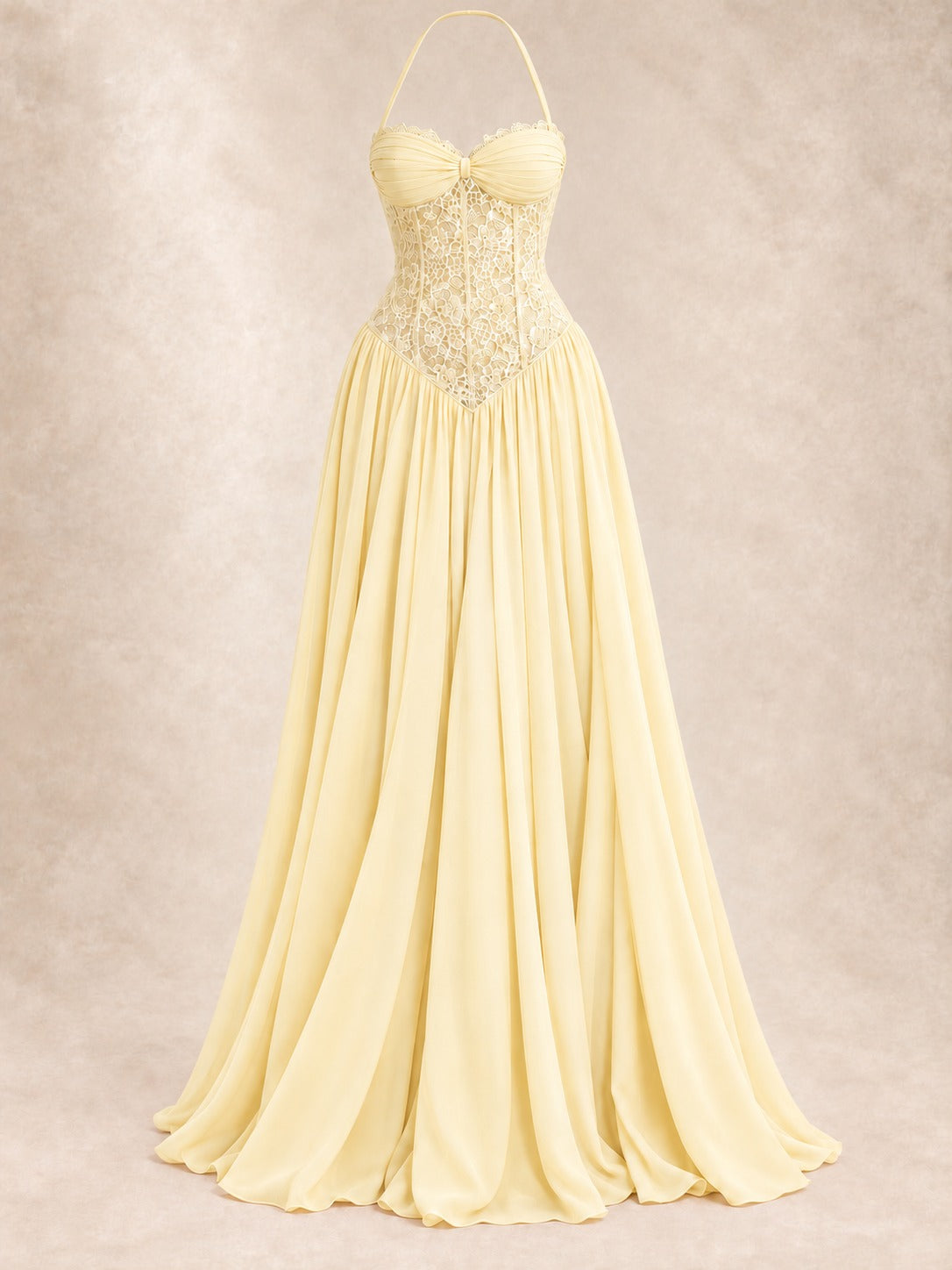 Lace Bodice Halter Gown in Yellow, product only