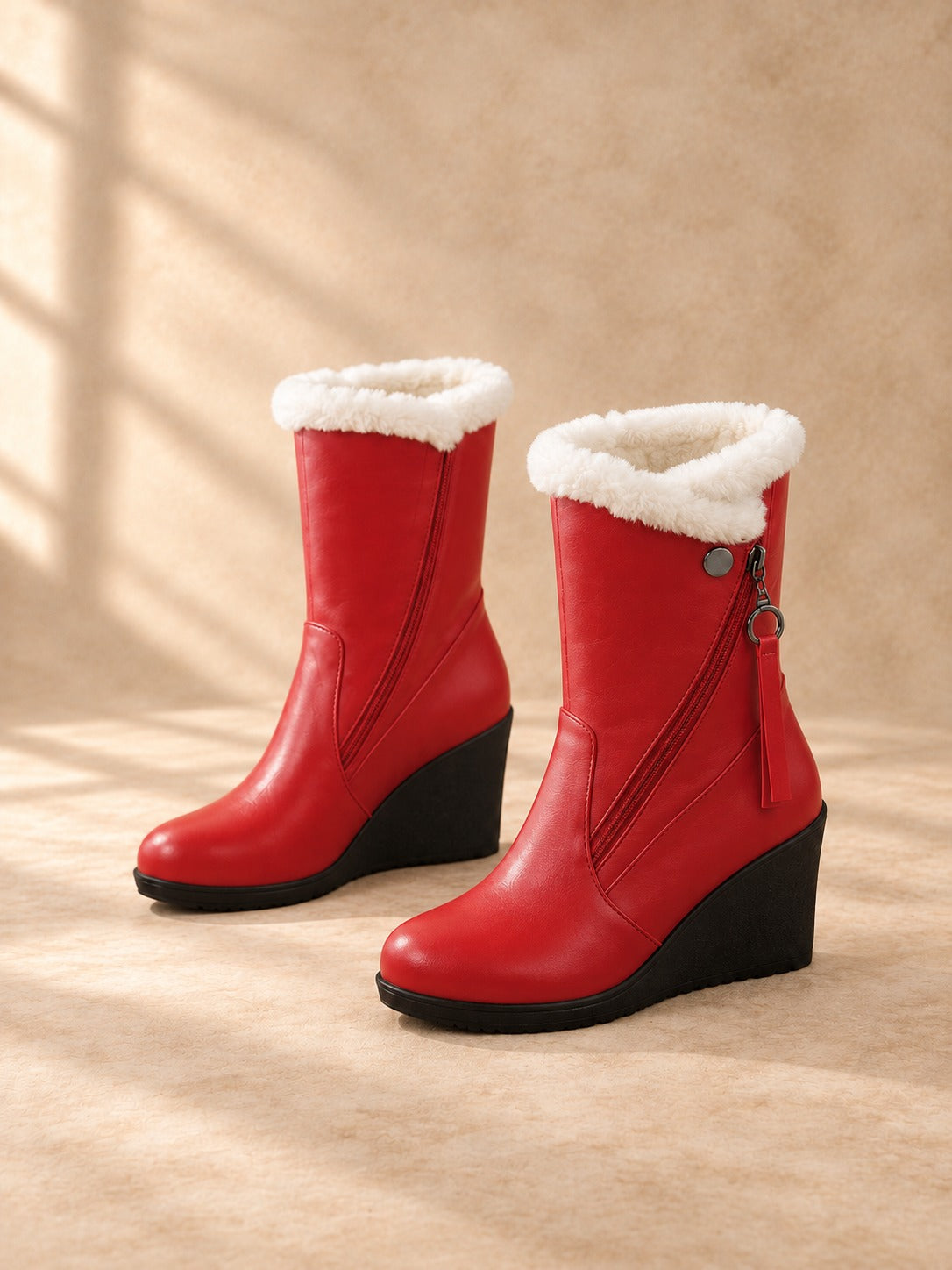 Plush-Lined Wedge Winter Boots in Red, product only