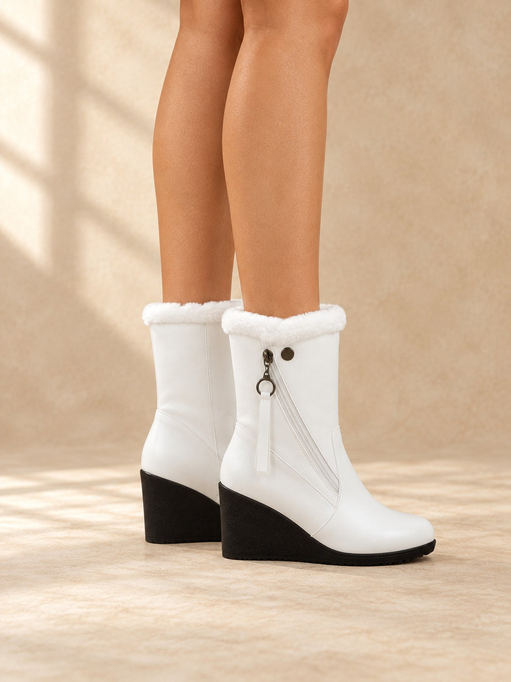 Plush-Lined Wedge Winter Boots in White, side view