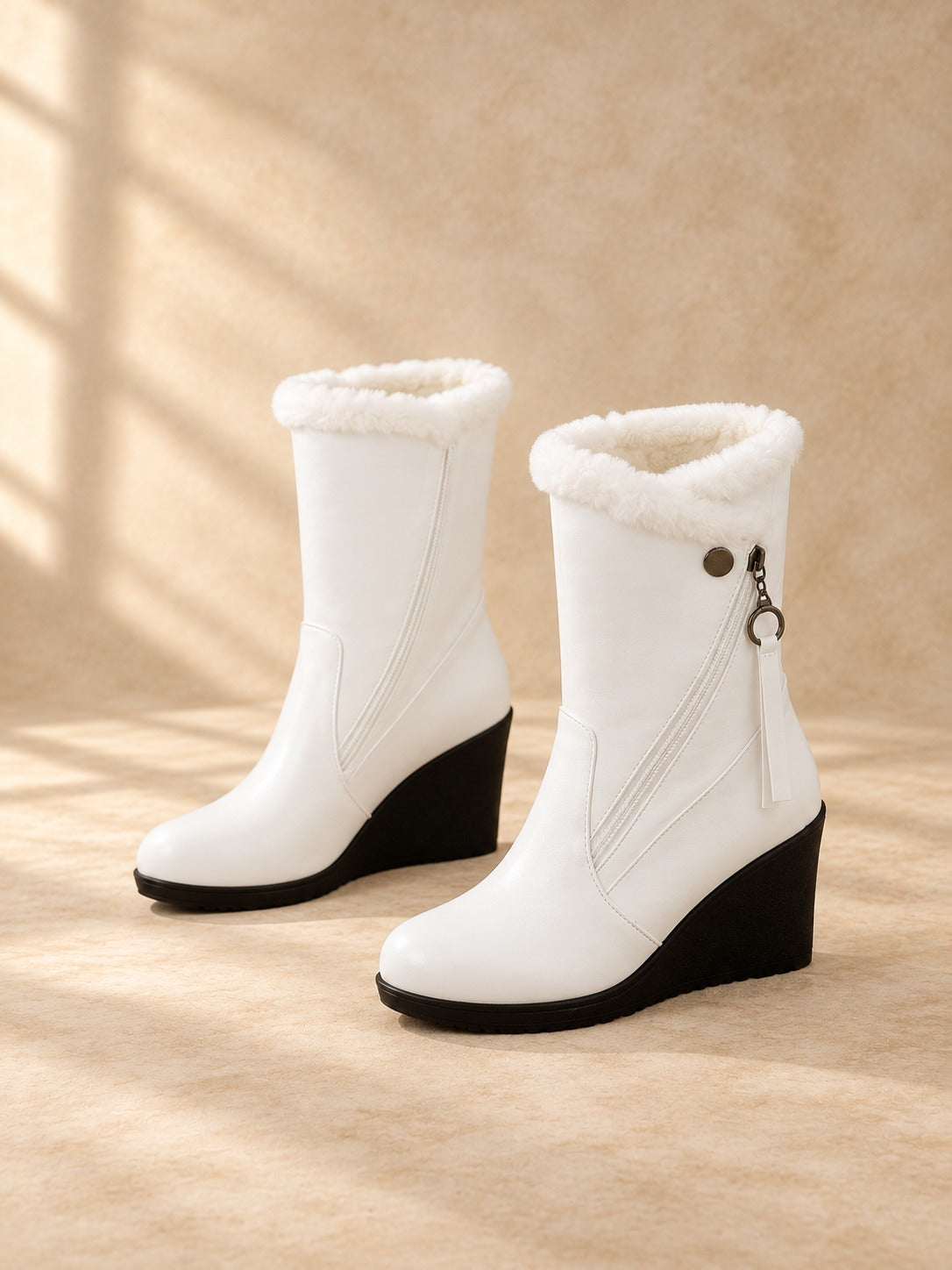 Plush-Lined Wedge Winter Boots in White, product only