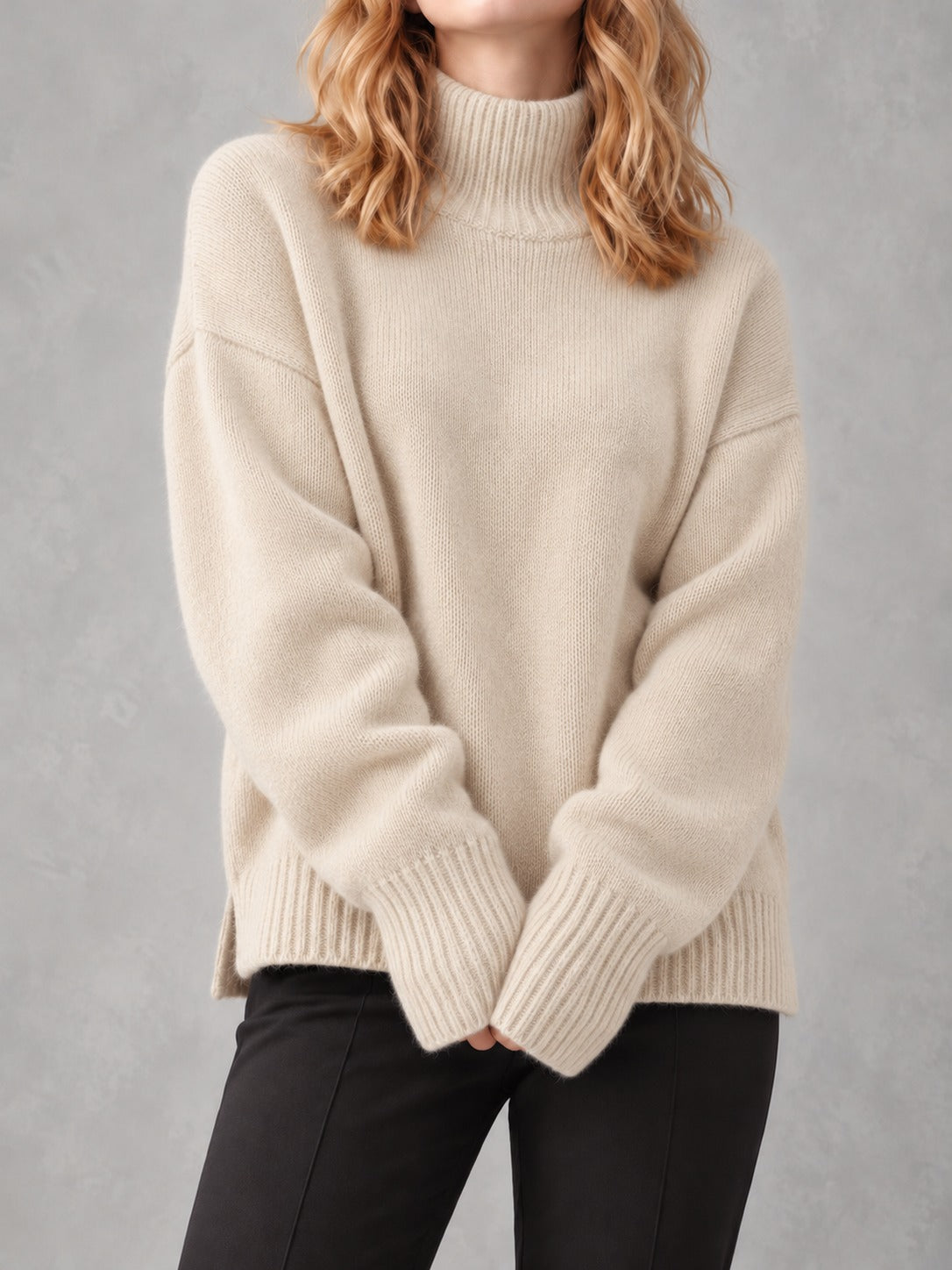 Slouchy Turtleneck Sweater in Apricot, front view