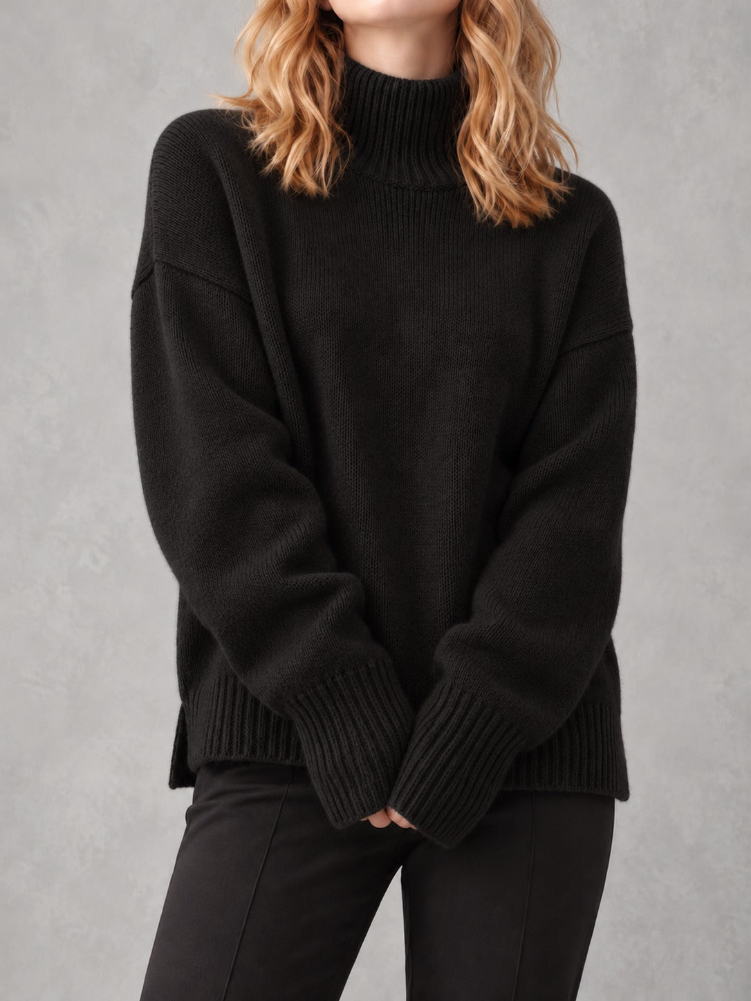 Slouchy Turtleneck Sweater in Black, front view