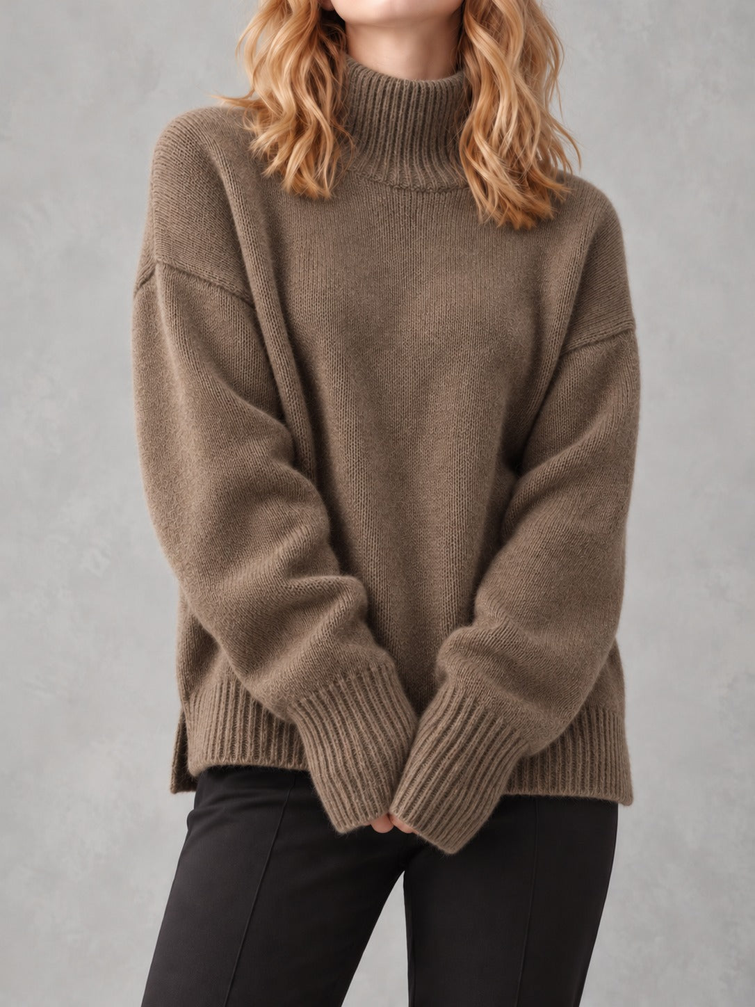 Slouchy Turtleneck Sweater in Brown, front view