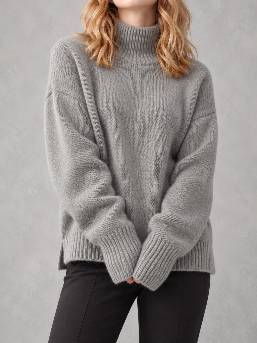 Slouchy Turtleneck Sweater in Light Gray, front view