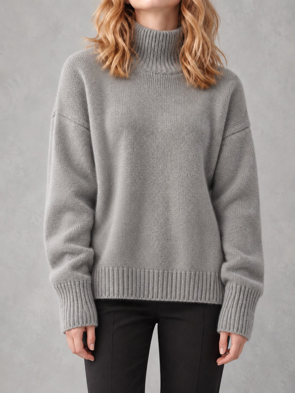 Slouchy Turtleneck Sweater in Light Gray, full-length front view