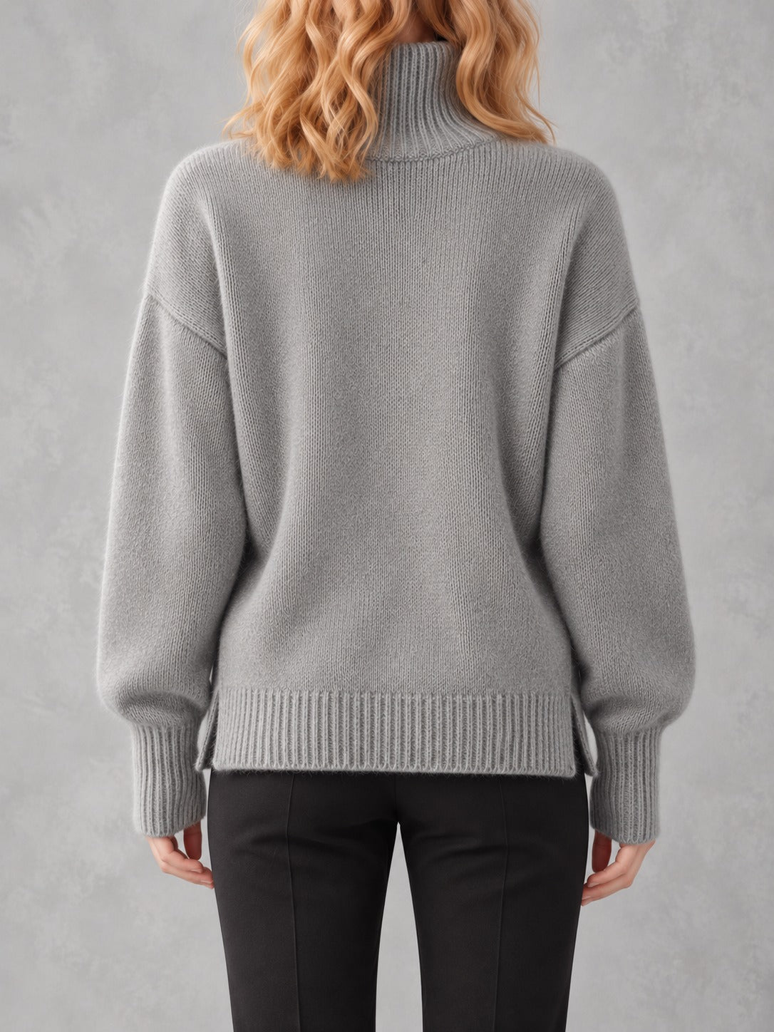 Slouchy Turtleneck Sweater in Light Gray, back view