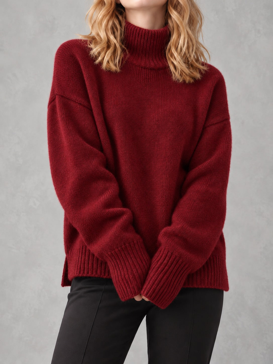 Slouchy Turtleneck Sweater in Red, front view