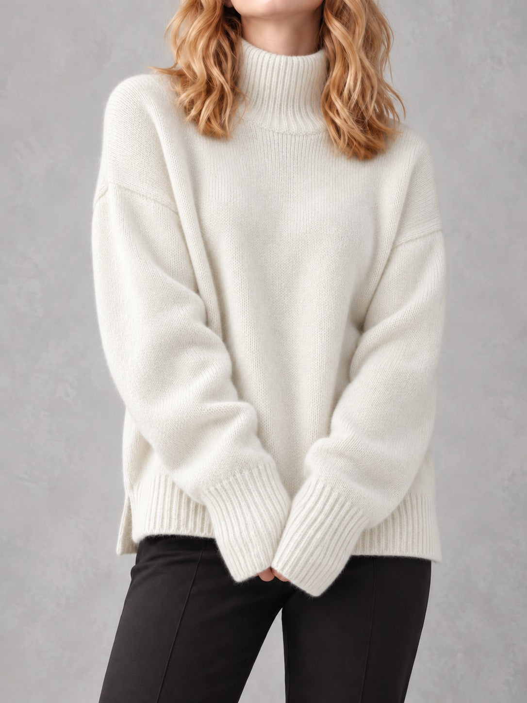 Slouchy Turtleneck Sweater in White, front view