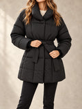 Belted Puffer Coat in Black, front view