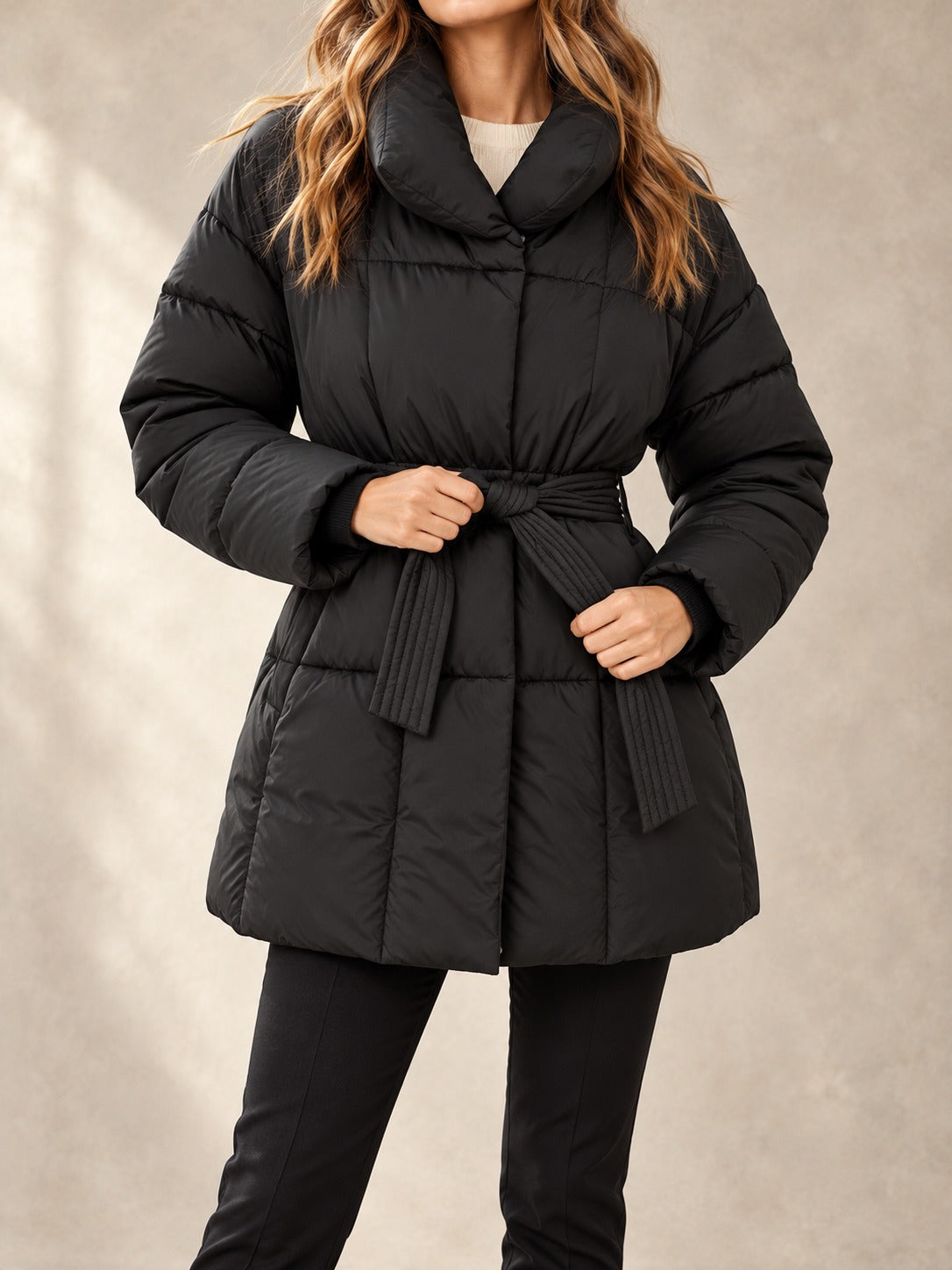 Belted Puffer Coat in Black, front view