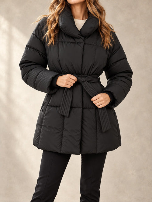 Belted Puffer Coat in Black, front view