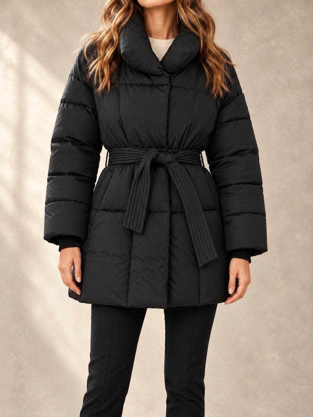 Belted Puffer Coat in Black, full-length front view
