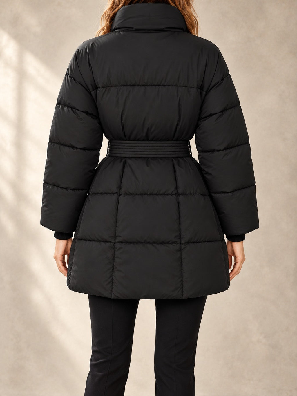 Belted Puffer Coat in Black, back view