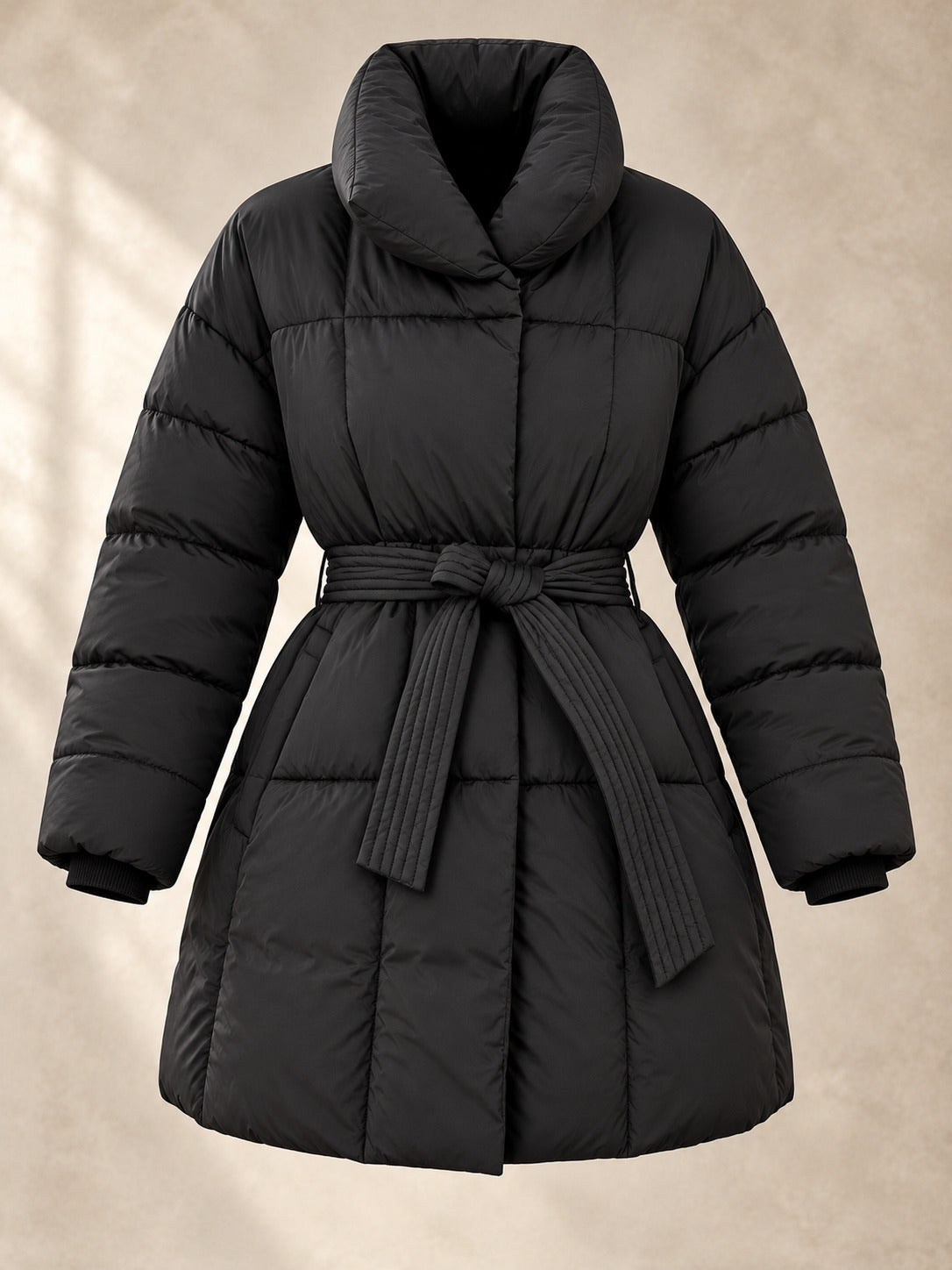 Belted Puffer Coat in Black, product only