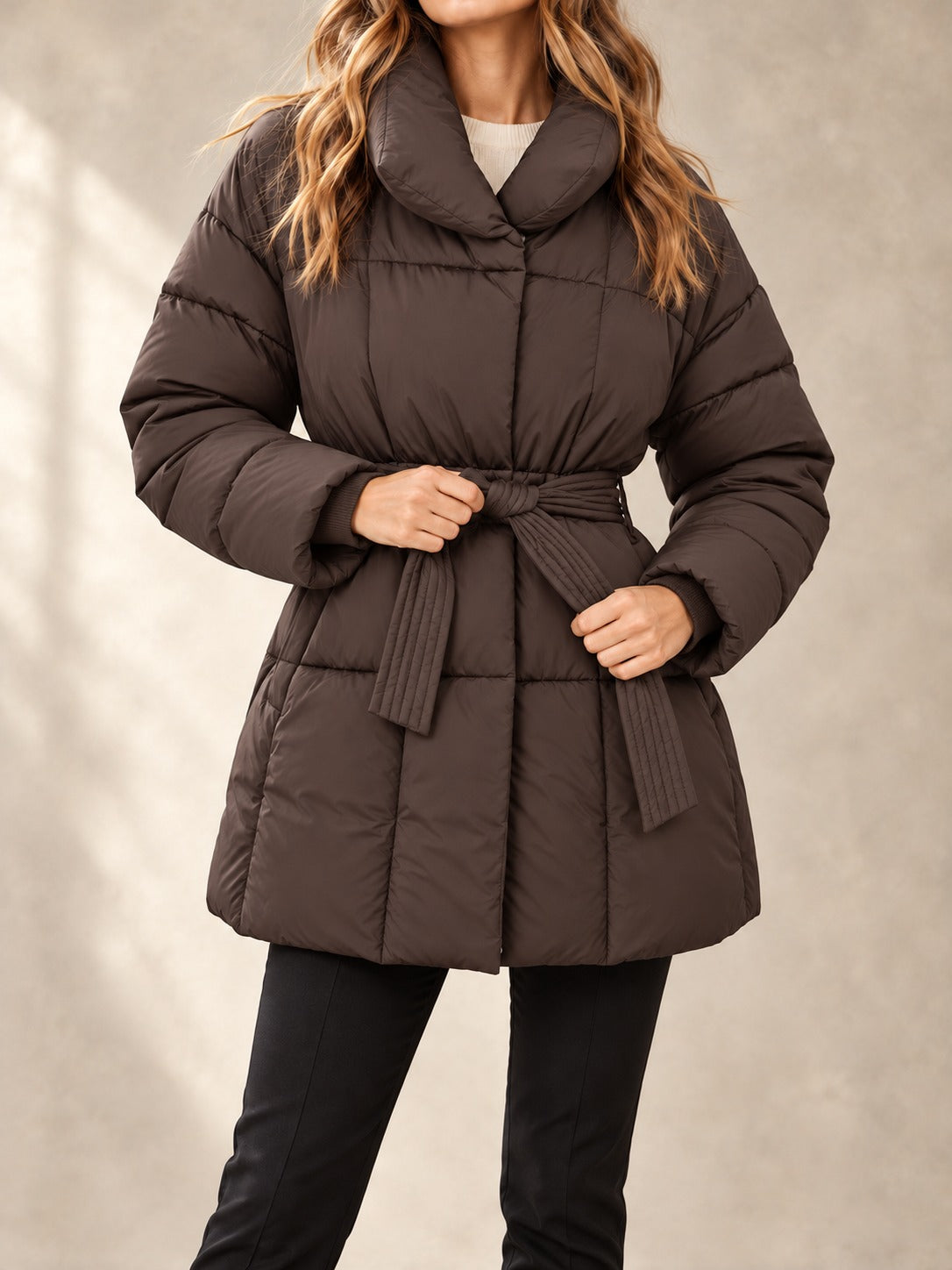 Belted Puffer Coat in Brown, front view