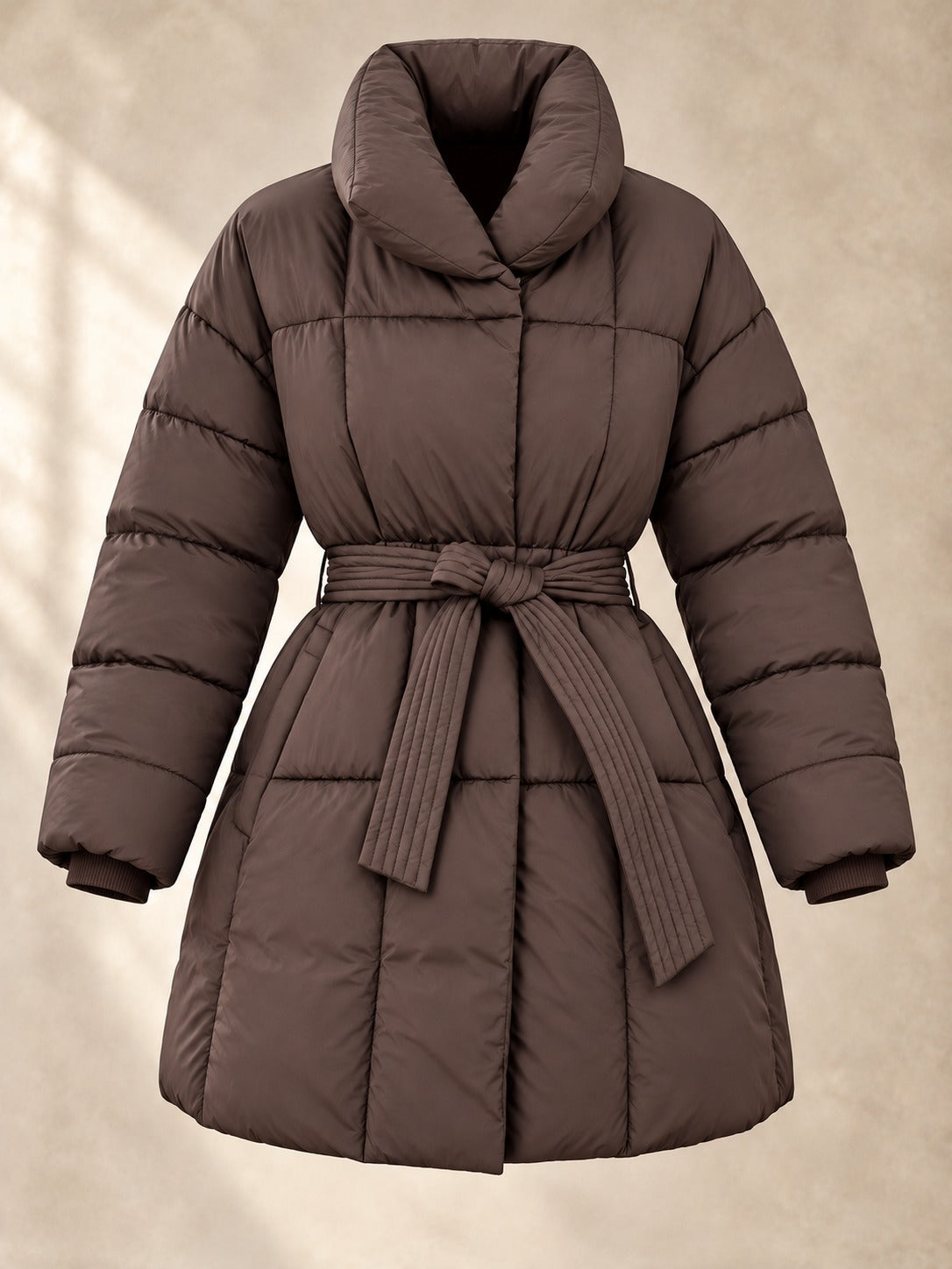 Belted Puffer Coat in Brown, product only