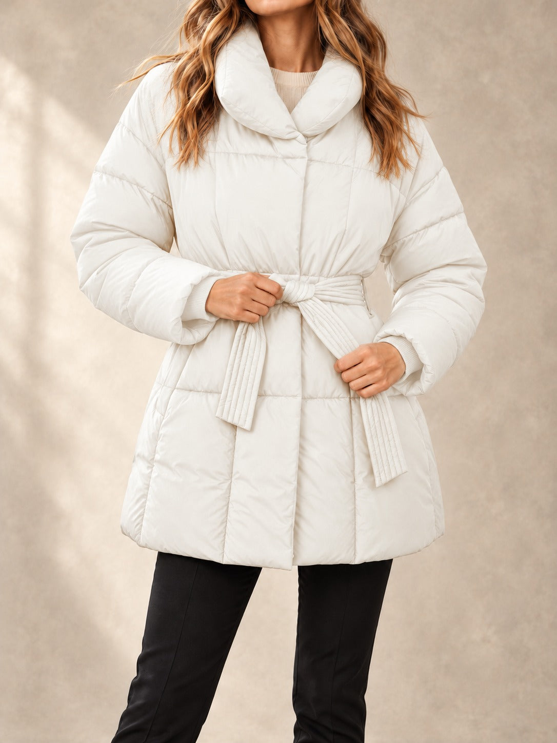 Belted Puffer Coat in White, front view