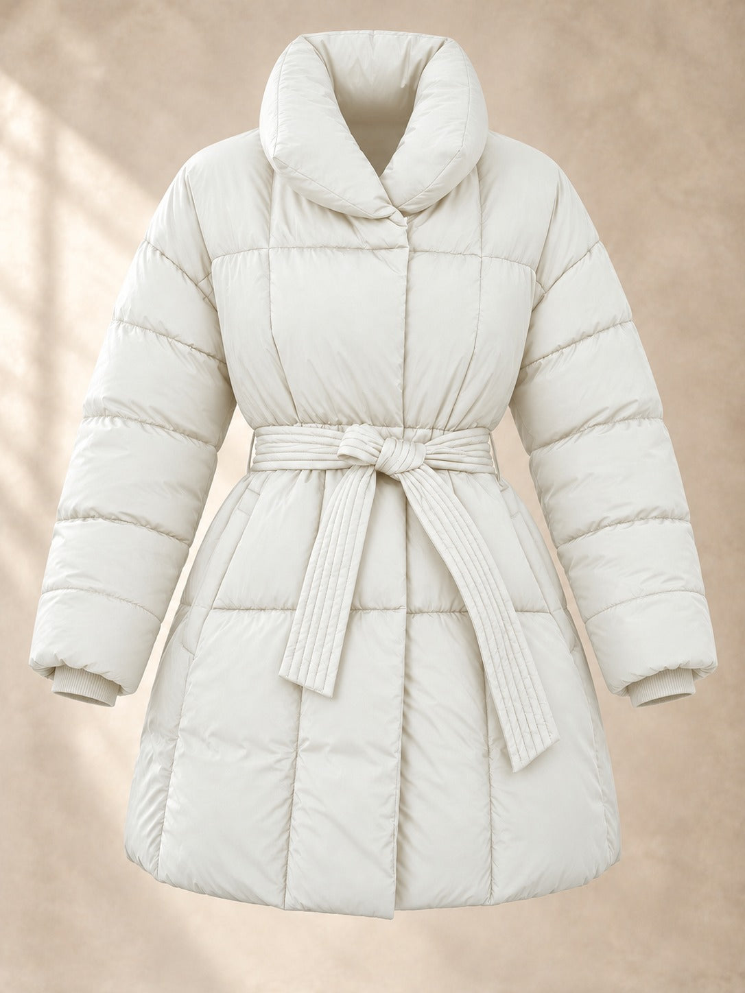 Belted Puffer Coat in White, product only