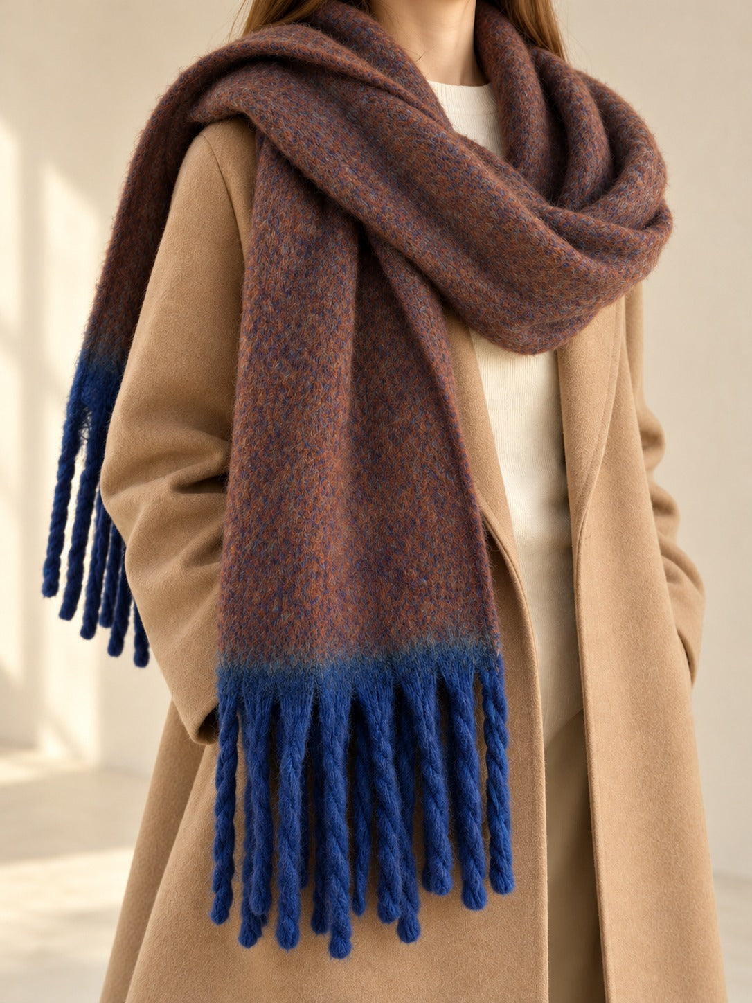 Extra-Long Brushed Scarf in Caramel Brown, styled on model