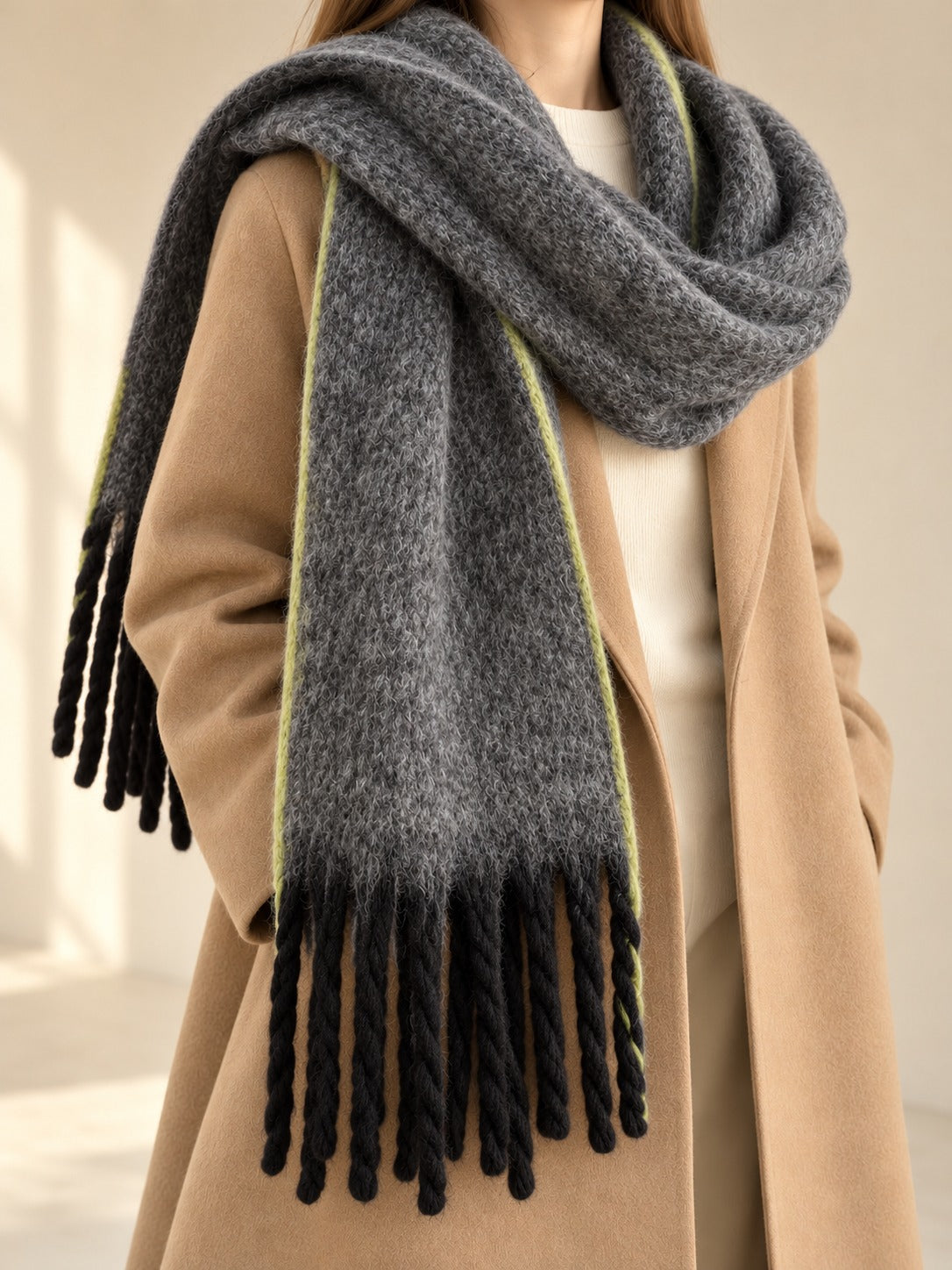 Extra-Long Brushed Scarf in Gray, styled on model